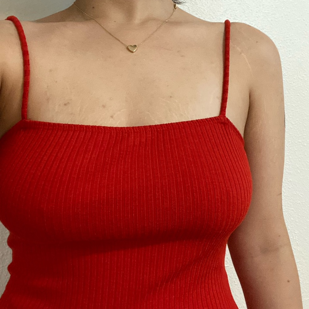 Red Ribbed Topshop Bodysuit